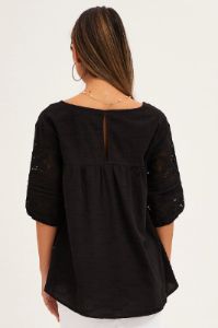Black Lace Trim Top Half Sleeve V Neck Longline Cotton sold by Ally Fashion