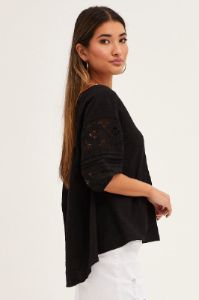 Black Lace Trim Top Half Sleeve V Neck Longline Cotton sold by Ally Fashion
