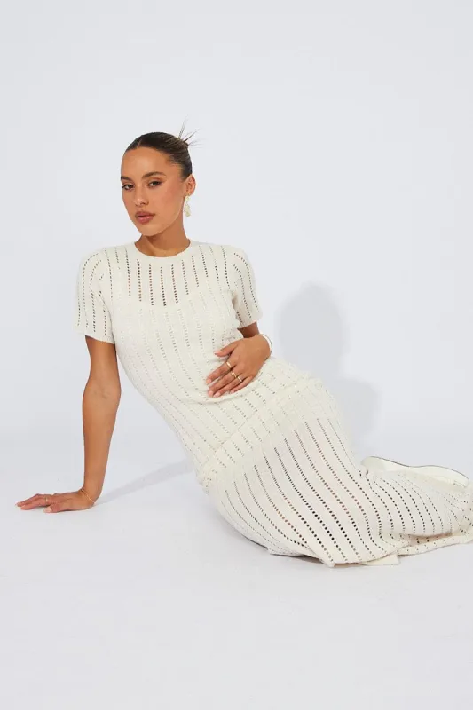 White Knit Maxi Dress Crochet Short Sleeve sold by Ally Fashion