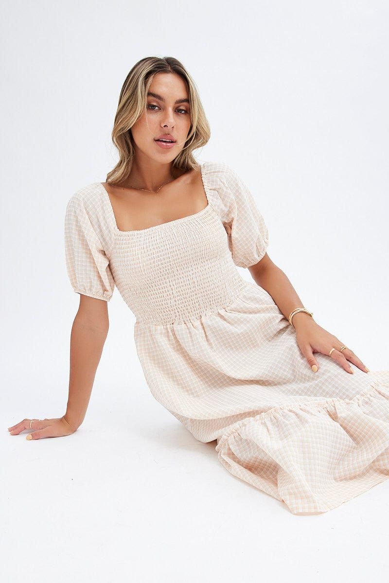 Beige Check Check Midi Dress sold by Ally Fashion product image thumbnail 2