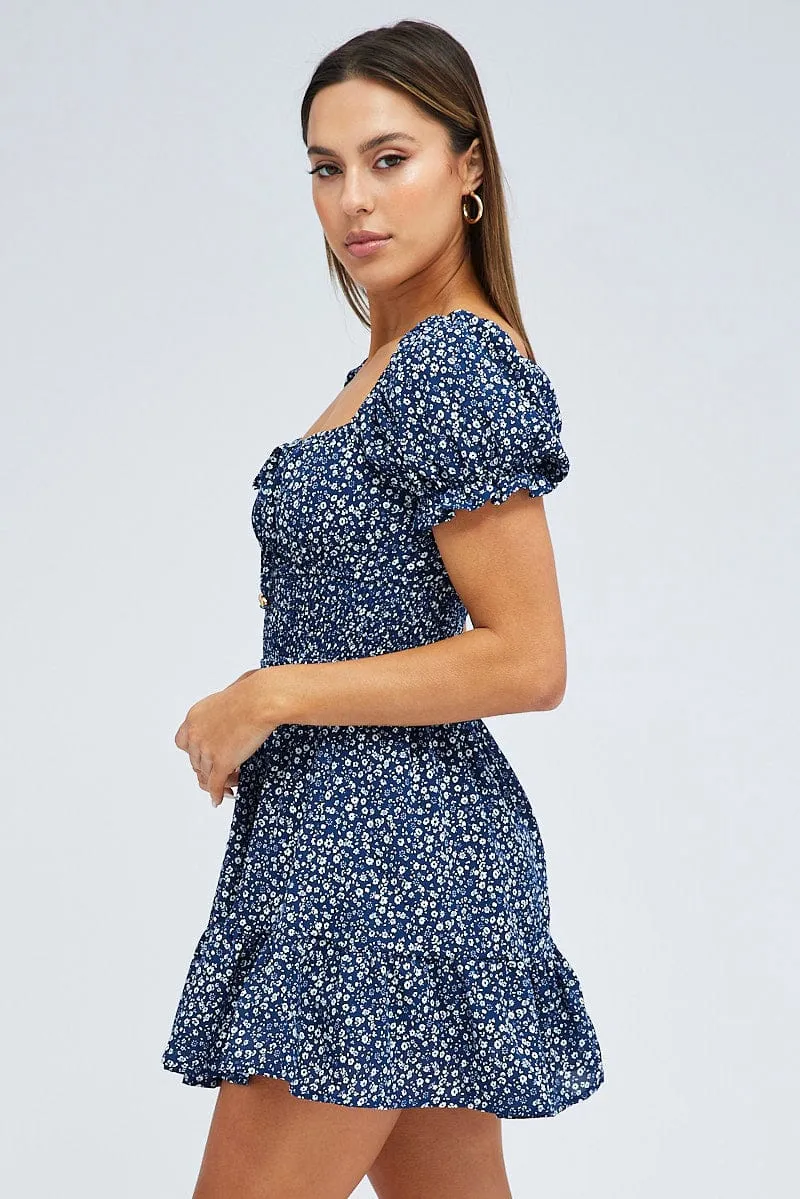 Blue Floral Fit And Flare Dress Puff Sleeve Mini sold by Ally Fashion product image thumbnail 4