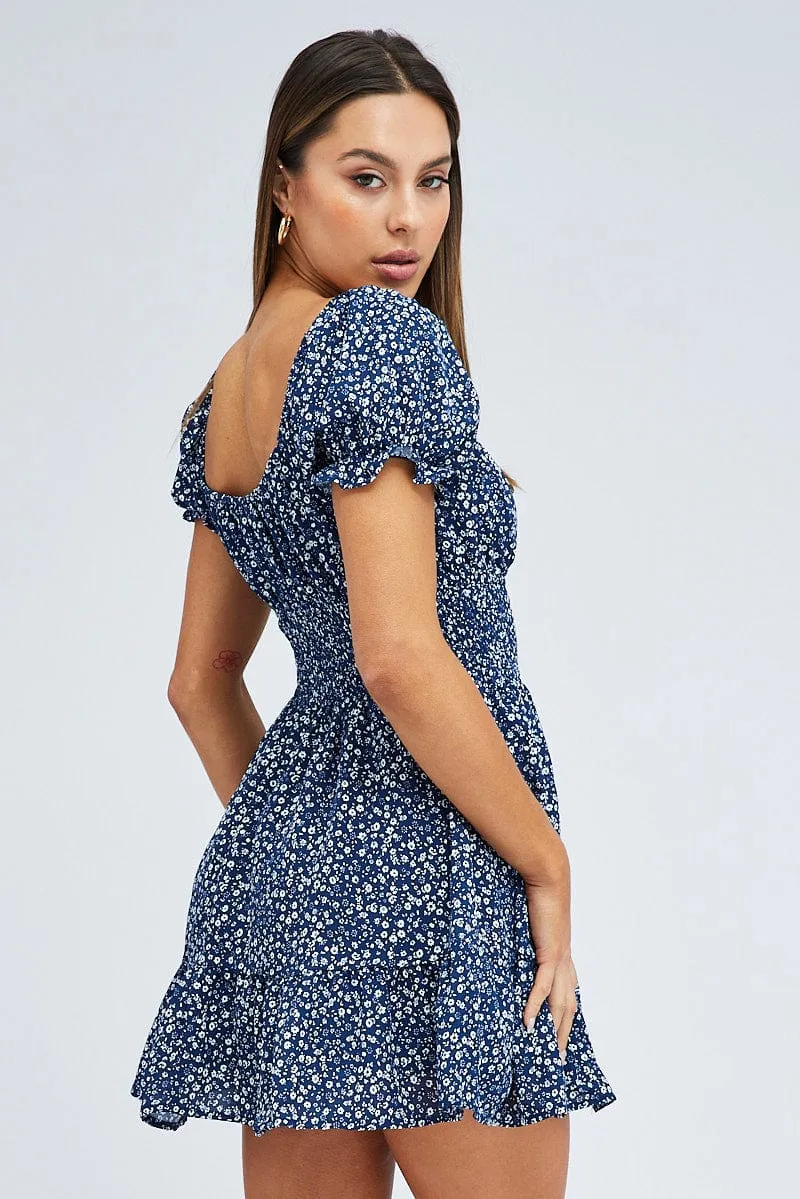 Blue Floral Fit And Flare Dress Puff Sleeve Mini sold by Ally Fashion product image thumbnail 5