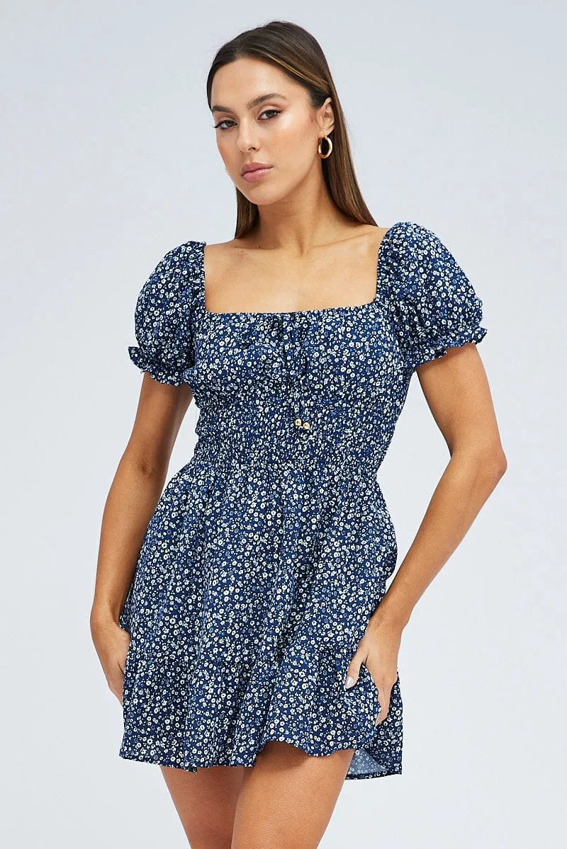 Blue Floral Fit And Flare Dress Puff Sleeve Mini sold by Ally Fashion product image thumbnail 3