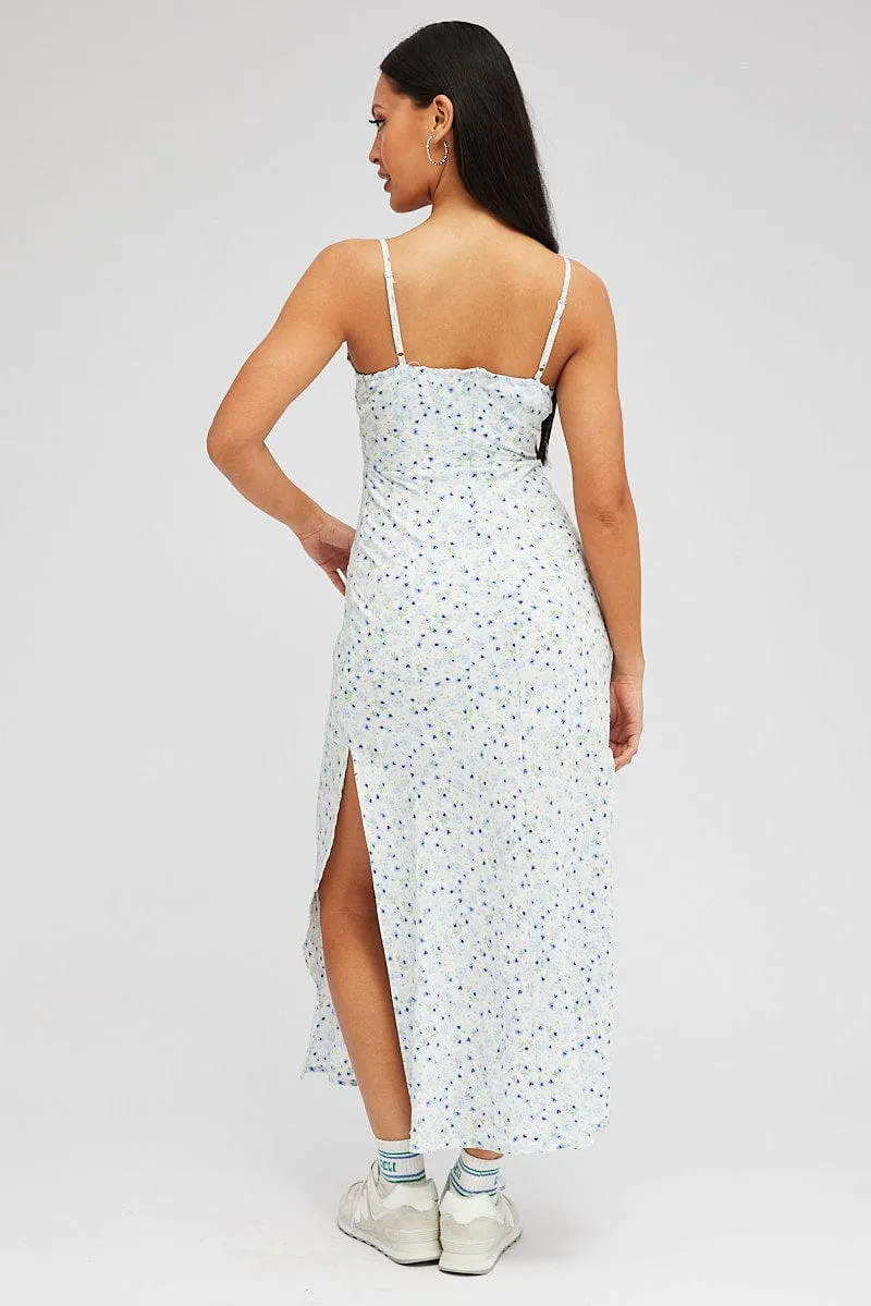 White Floral Midi Dress Gathering Bust Sleeveless sold by Ally Fashion product image thumbnail 5