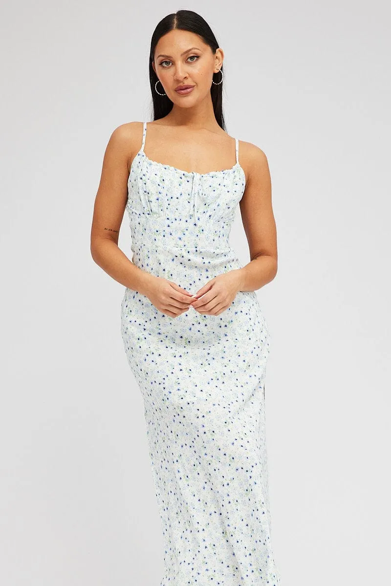 White Floral Midi Dress Gathering Bust Sleeveless sold by Ally Fashion product image thumbnail 2