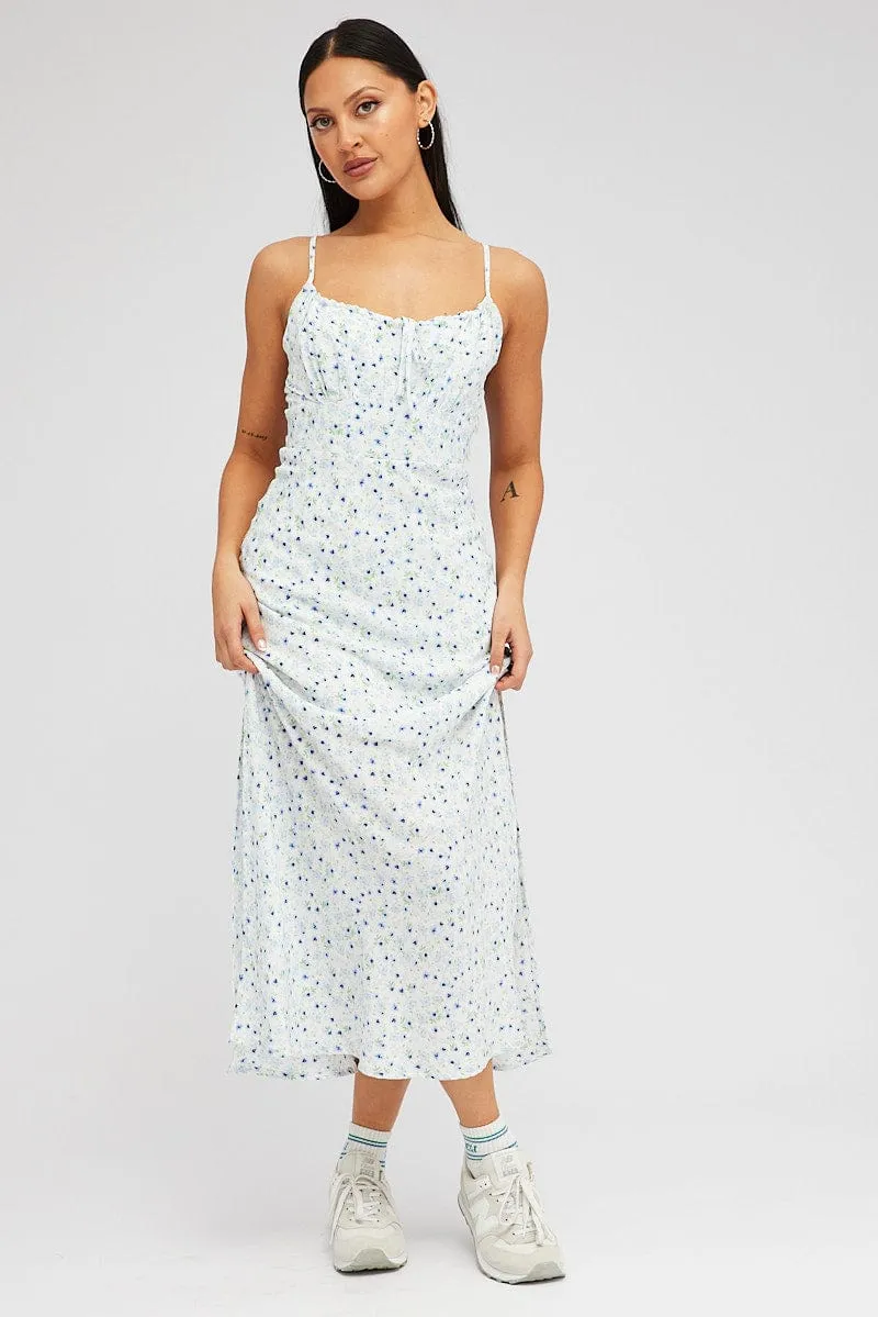 White Floral Midi Dress Gathering Bust Sleeveless sold by Ally Fashion product image thumbnail 3