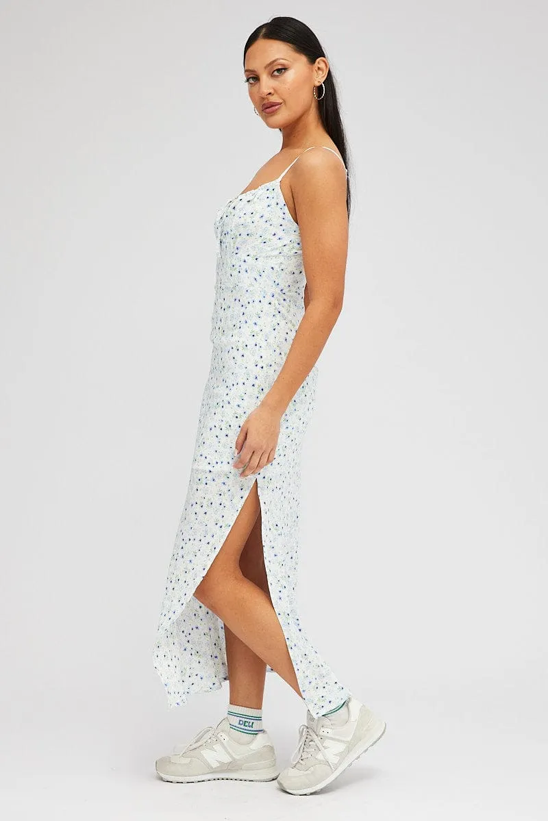 White Floral Midi Dress Gathering Bust Sleeveless sold by Ally Fashion product image thumbnail 4