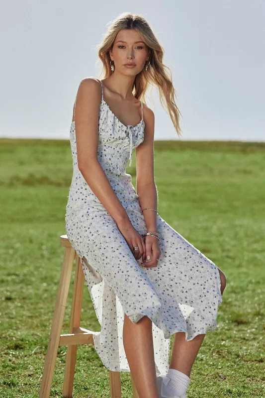White Floral Midi Dress Gathering Bust Sleeveless sold by Ally Fashion