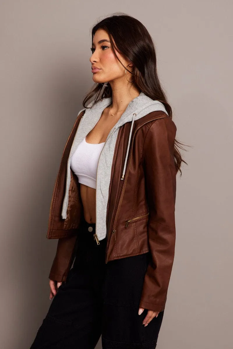 Brown Faux Leather Jacket Long Sleeve Hoodie sold by Ally Fashion product image thumbnail 4