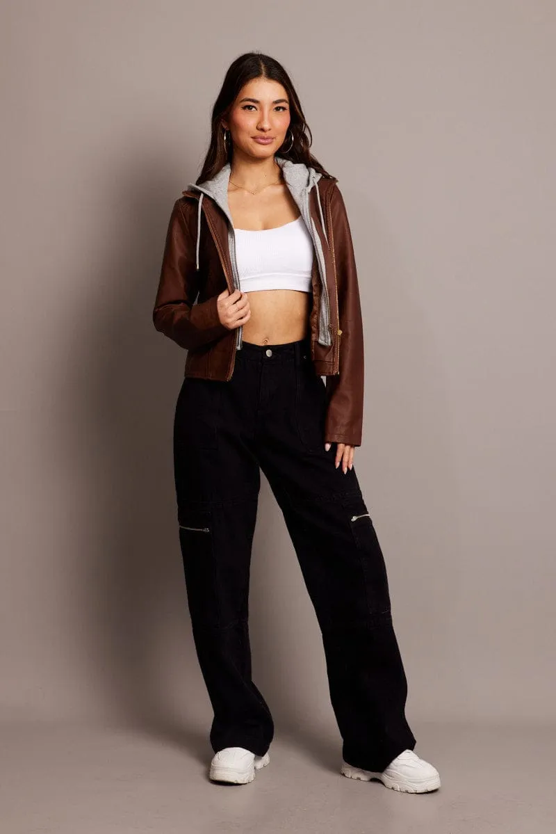 Brown Faux Leather Jacket Long Sleeve Hoodie sold by Ally Fashion product image thumbnail 2