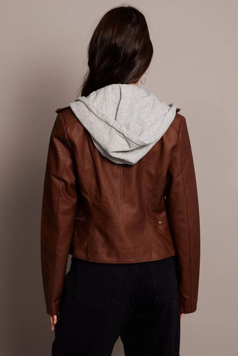 Brown Faux Leather Jacket Long Sleeve Hoodie sold by Ally Fashion product image thumbnail 5