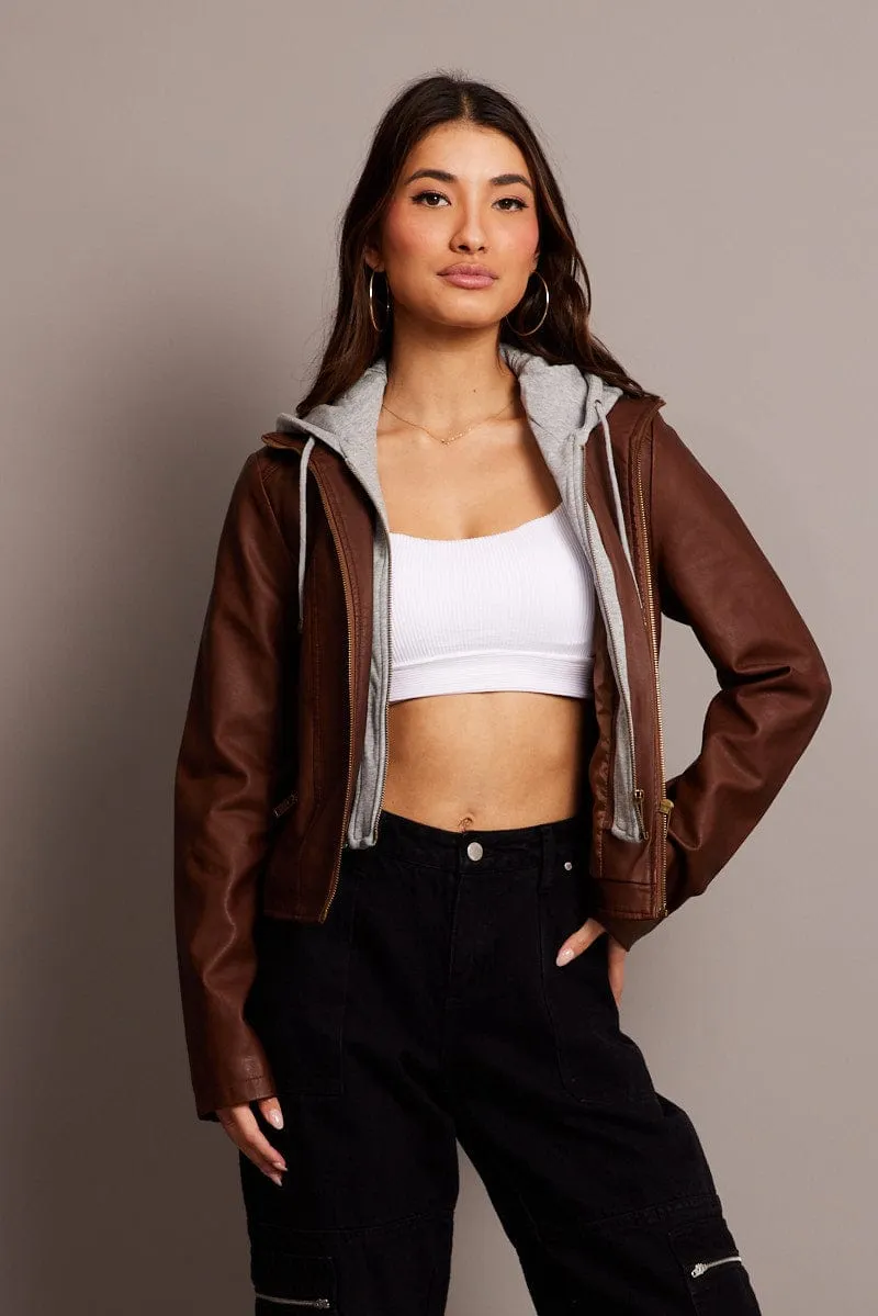 Brown Faux Leather Jacket Long Sleeve Hoodie sold by Ally Fashion product image thumbnail 3