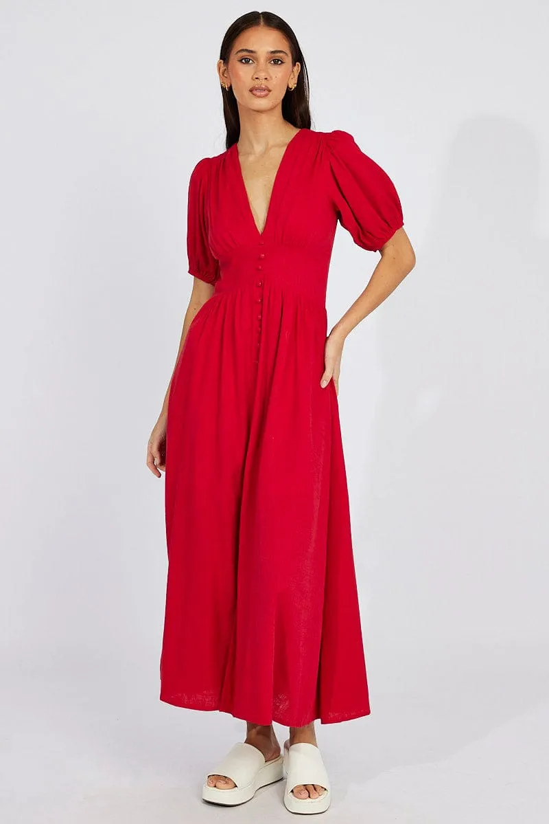 Red Midi Dress Puff Sleeve sold by Ally Fashion product image thumbnail 2