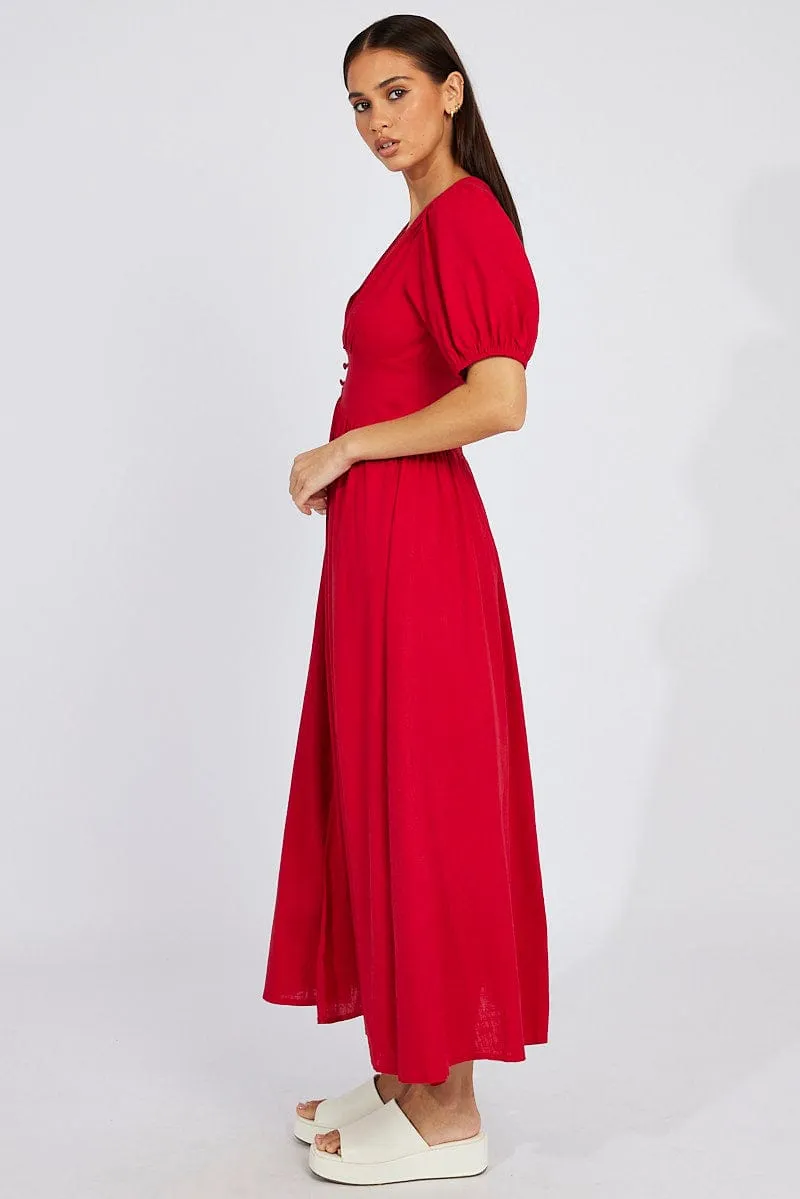 Red Midi Dress Puff Sleeve sold by Ally Fashion product image thumbnail 4