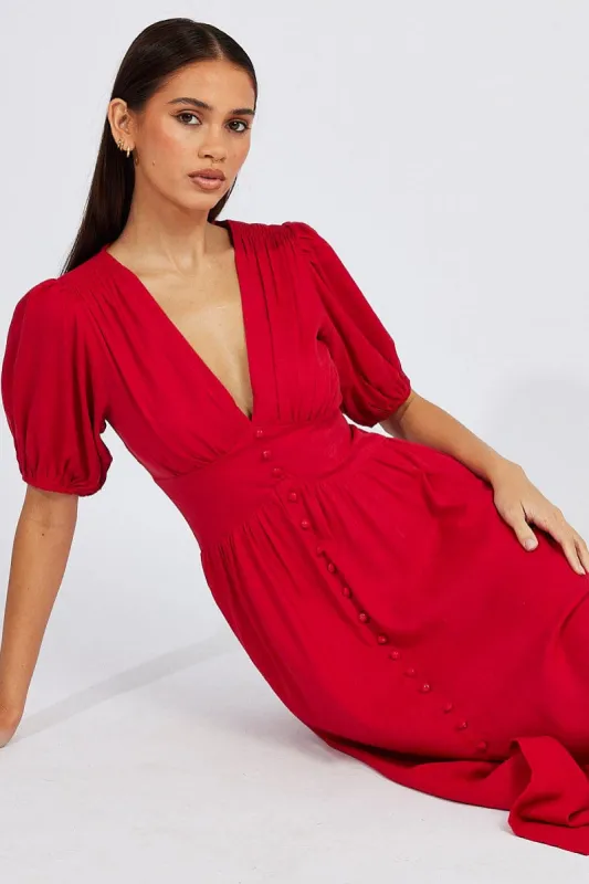 Red Midi Dress Puff Sleeve sold by Ally Fashion