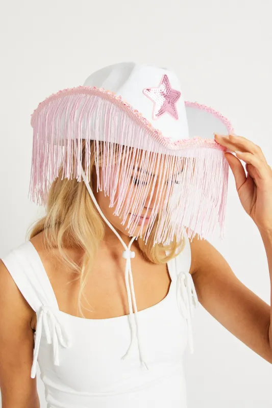 White Festival Cowboy Hat with Tassels sold by Ally Fashion