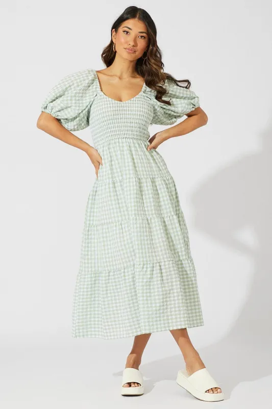 Green Check Midi Dress Short Sleeve Shirred sold by Ally Fashion