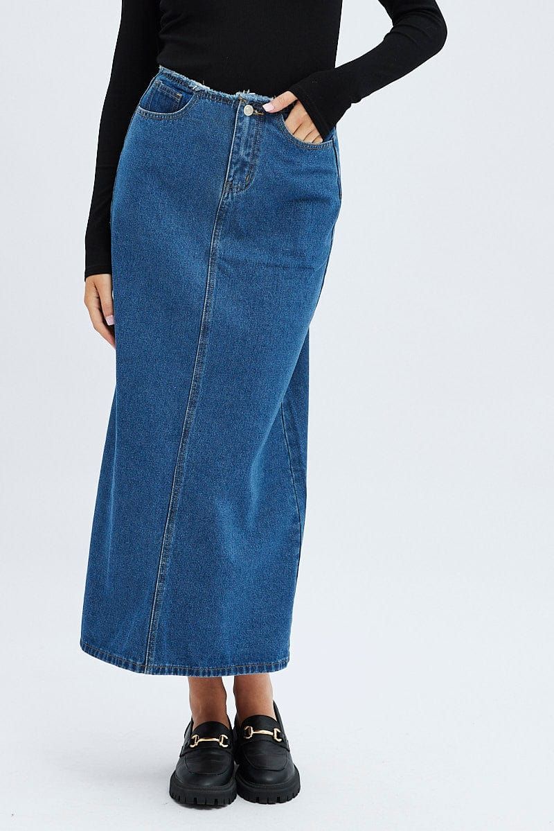 Denim Maxi Skirt High Rise A-line Raw Edge Denim sold by Ally Fashion product image thumbnail 2