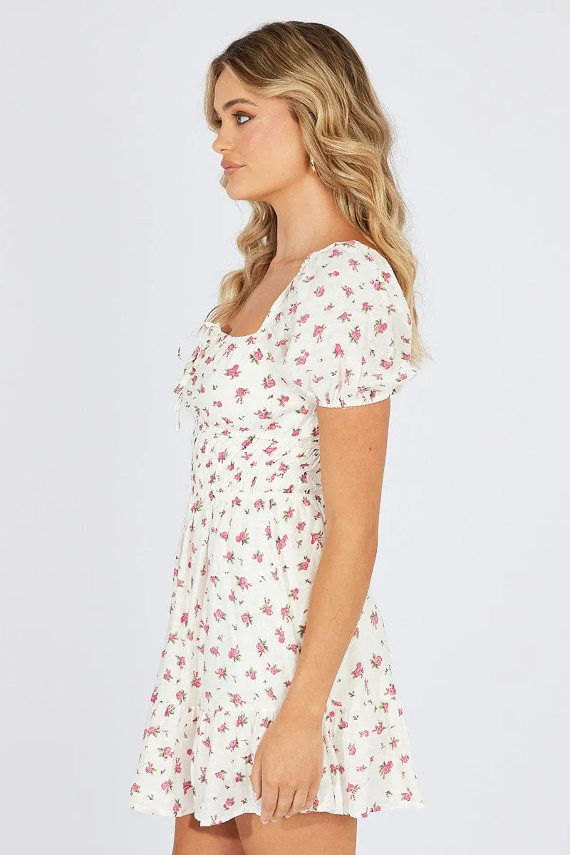 White Floral Fit And Flare Dress Puff Sleeve Mini sold by Ally Fashion product image thumbnail 4