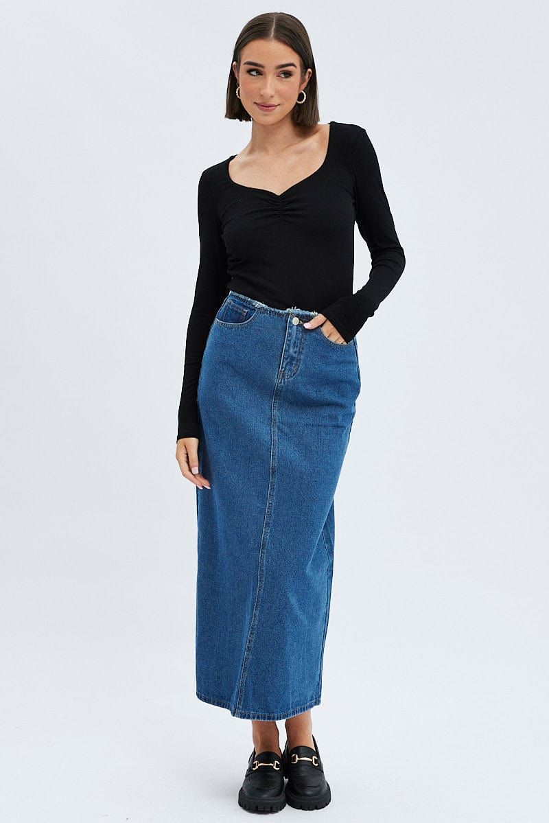 Denim Maxi Skirt High Rise A-line Raw Edge Denim sold by Ally Fashion product image thumbnail 3