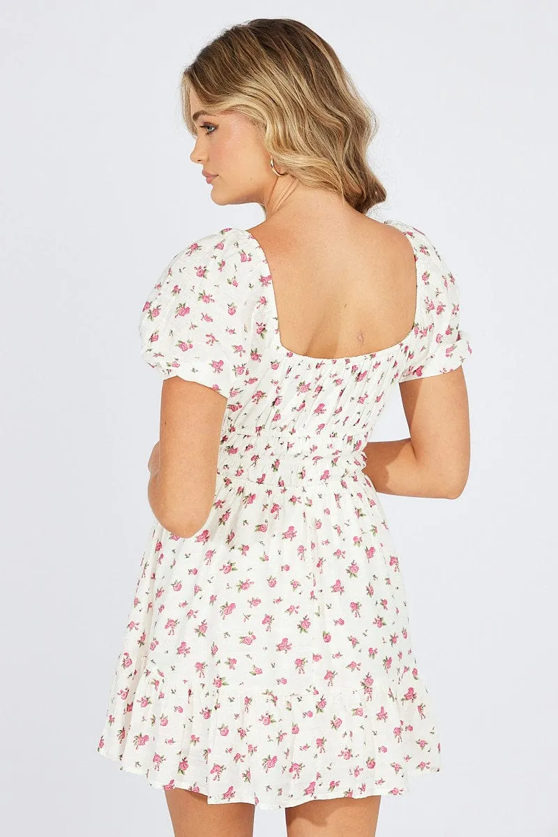 White Floral Fit And Flare Dress Puff Sleeve Mini sold by Ally Fashion product image thumbnail 5