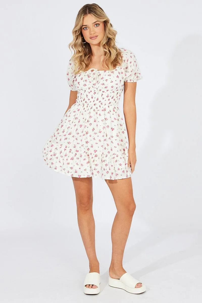 White Floral Fit And Flare Dress Puff Sleeve Mini sold by Ally Fashion product image thumbnail 2