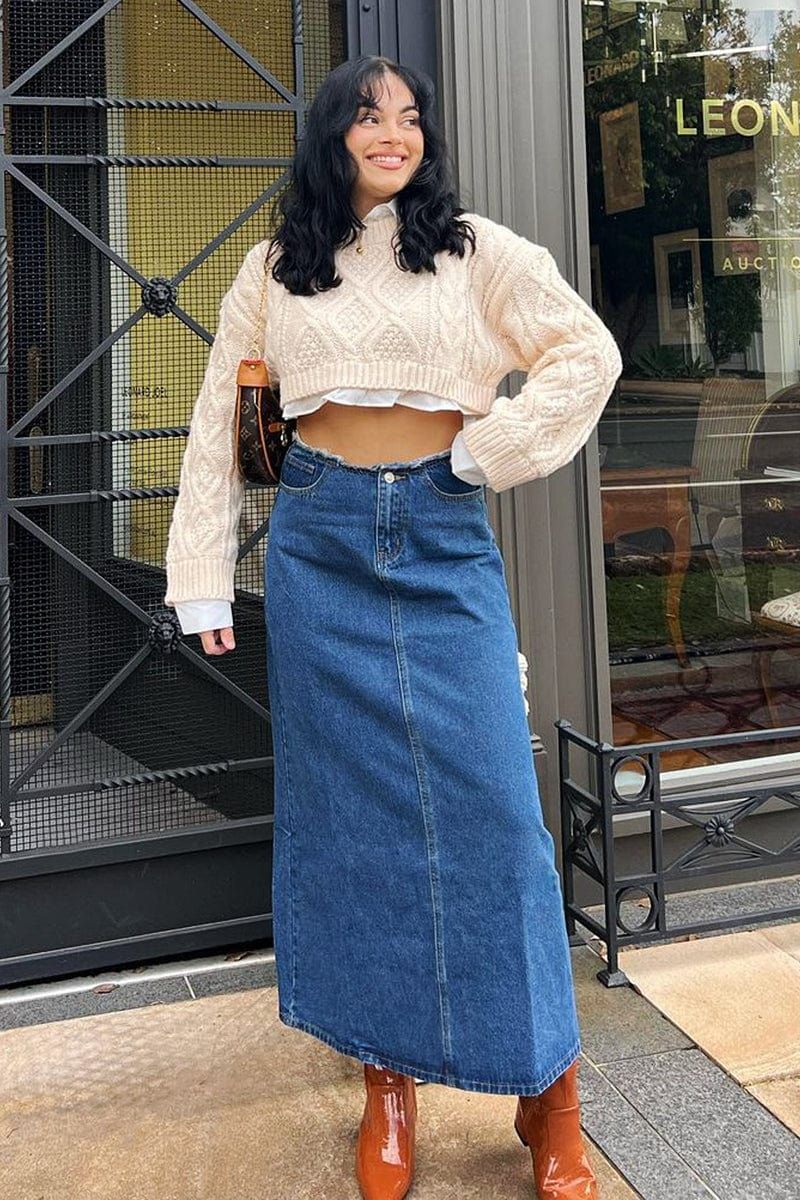 Denim Maxi Skirt High Rise A-line Raw Edge Denim sold by Ally Fashion