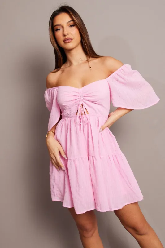 Pink Fit And Flare Dress Short Sleeve Mini sold by Ally Fashion