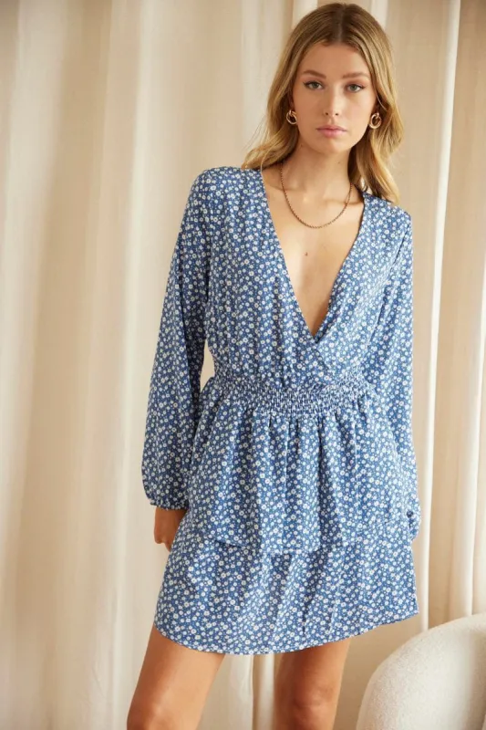 Print Mini Dress Long Sleeve V Neck sold by Ally Fashion