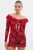 Red Floral Mini Skirt Side Ruched Mid Rise Mesh sold by Ally Fashion