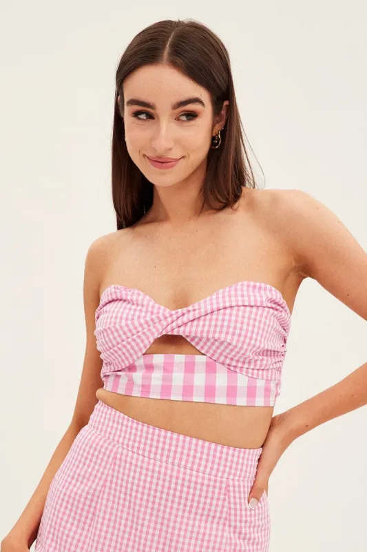 Pink Check Bandeau Twist Front Sleeveless Crop sold by Ally Fashion