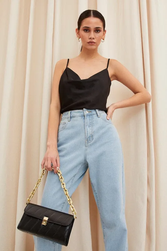 Black Cami Top Sleeveless Cowl Neck Longline Satin sold by Ally Fashion