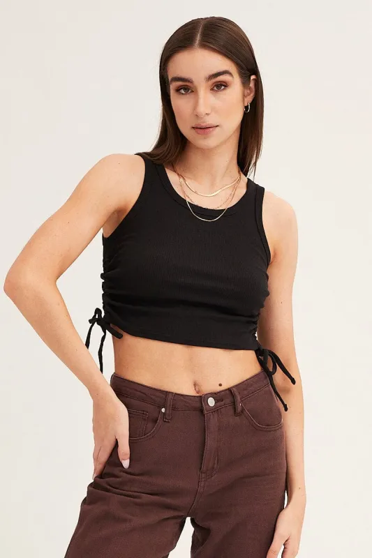 Black Drawstring Top Sleeveless Crew Neck Rib sold by Ally Fashion