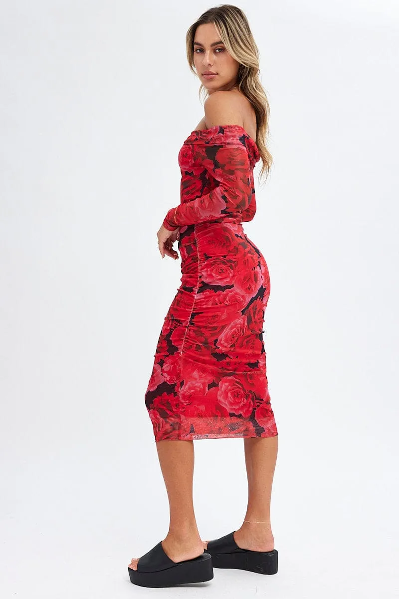 Red Floral Midi Dress Bardot Off Shoulder Bodycon Ruched sold by Ally Fashion product image thumbnail 4
