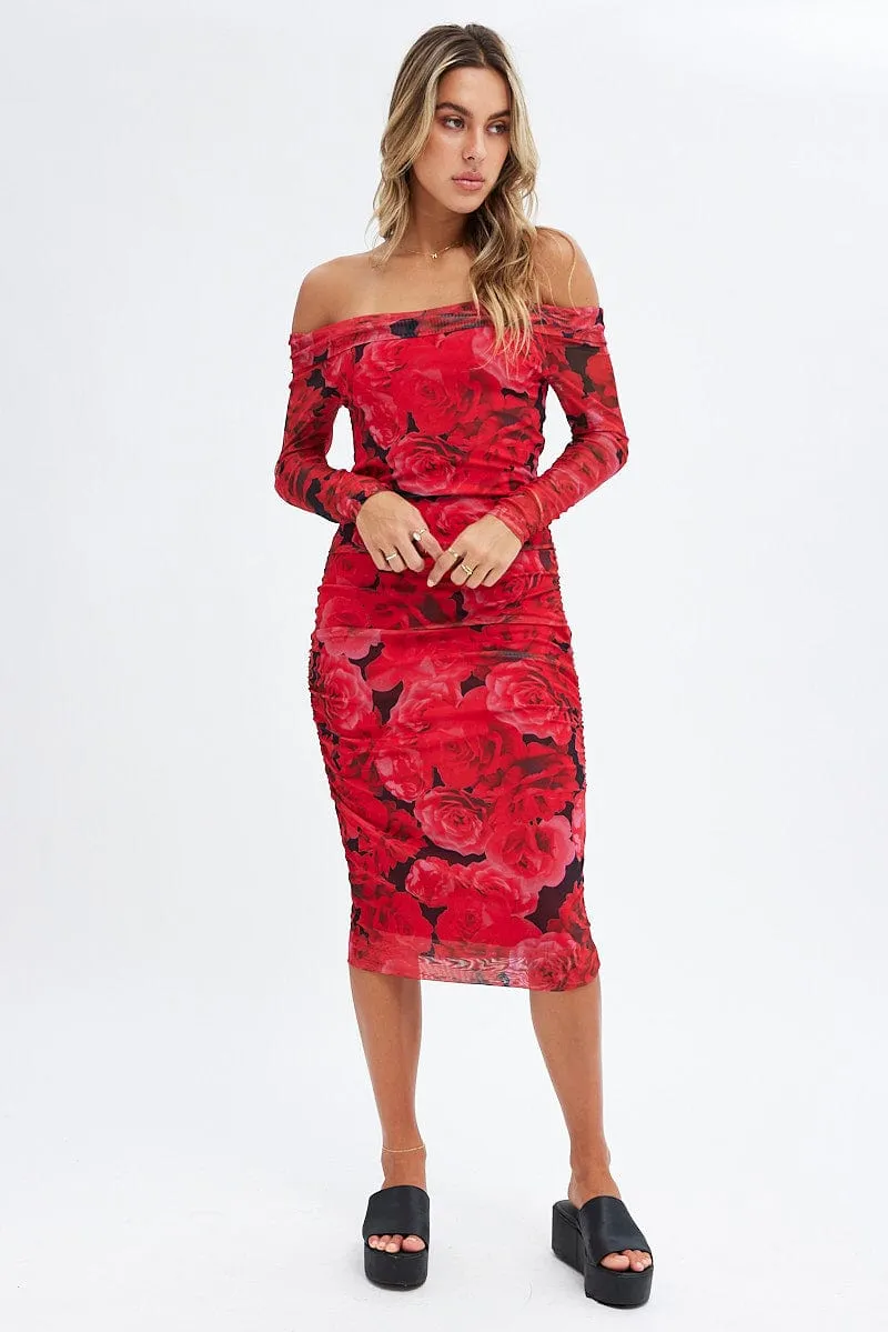Red Floral Midi Dress Bardot Off Shoulder Bodycon Ruched sold by Ally Fashion
