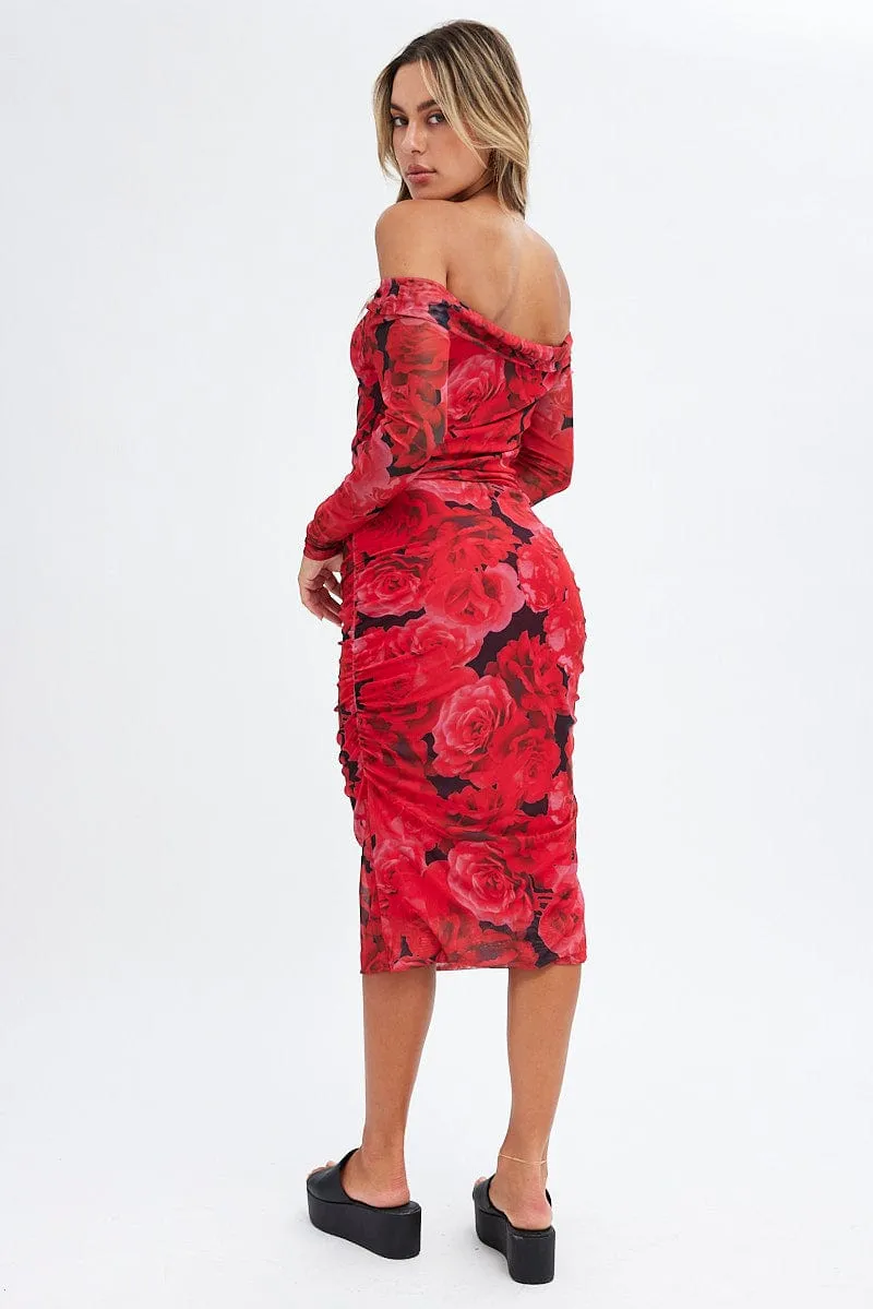 Red Floral Midi Dress Bardot Off Shoulder Bodycon Ruched sold by Ally Fashion product image thumbnail 5