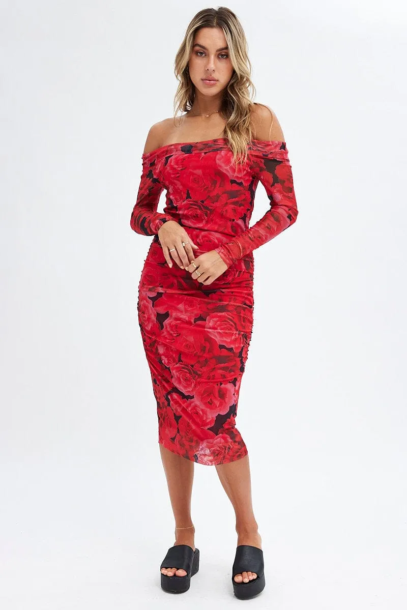 Red Floral Midi Dress Bardot Off Shoulder Bodycon Ruched sold by Ally Fashion product image thumbnail 3
