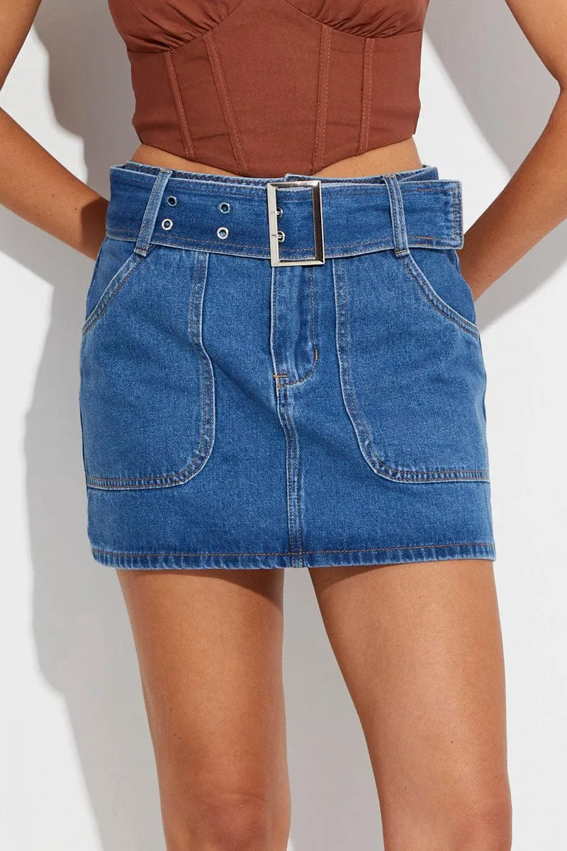Blue Mini Skirt Low Rise Belted Denim sold by Ally Fashion