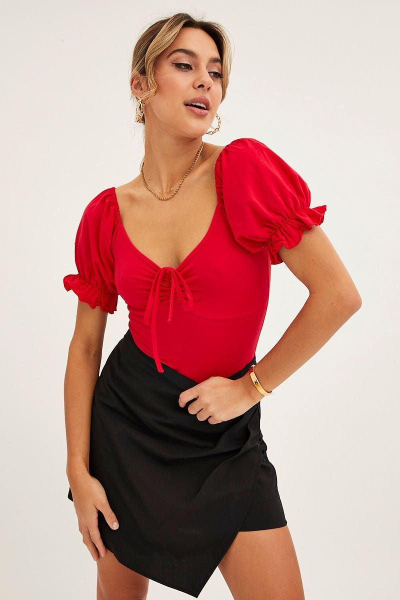 Red Bodysuit Short Sleeve Sweetheart Neckline Jersey sold by Ally Fashion