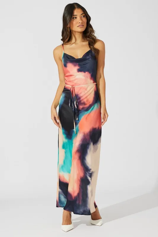 Multi Abstract Maxi Dress Cowl Neck Satin sold by Ally Fashion