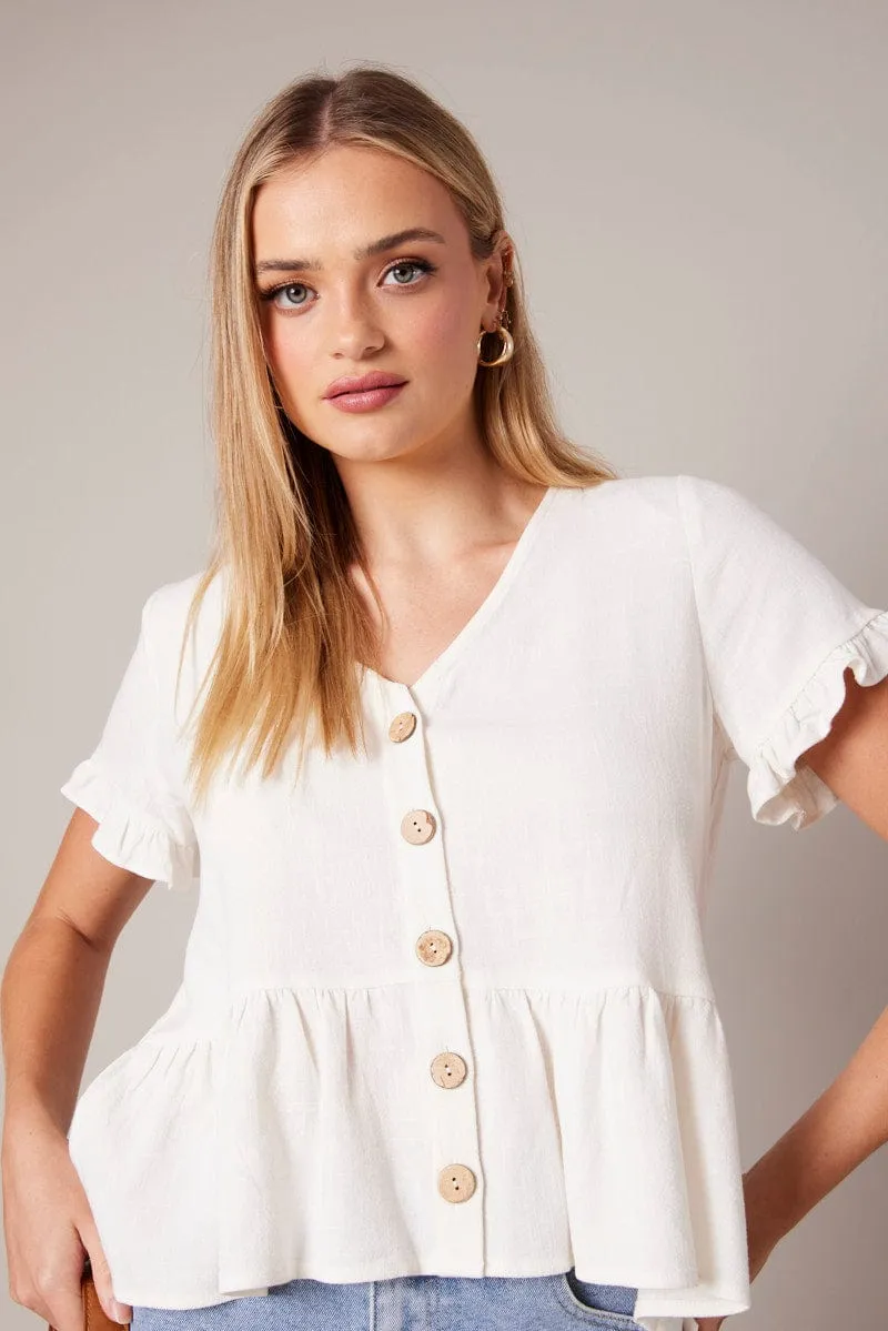 White Button Up Top V-Neck Frill Hem Top Linen sold by Ally Fashion product image thumbnail 3