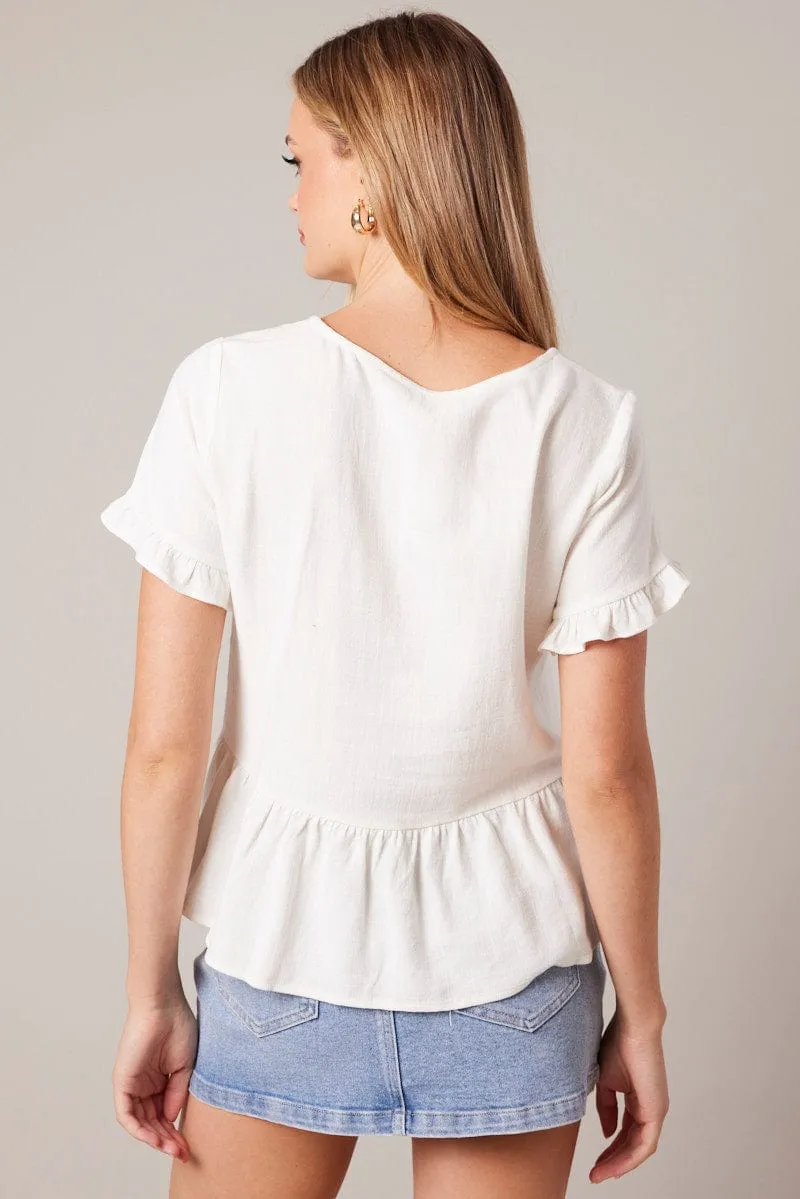 White Button Up Top V-Neck Frill Hem Top Linen sold by Ally Fashion product image thumbnail 5