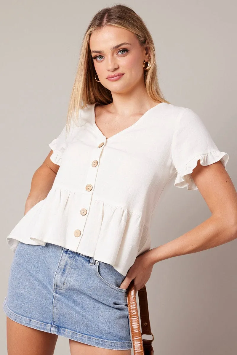 White Button Up Top V-Neck Frill Hem Top Linen sold by Ally Fashion