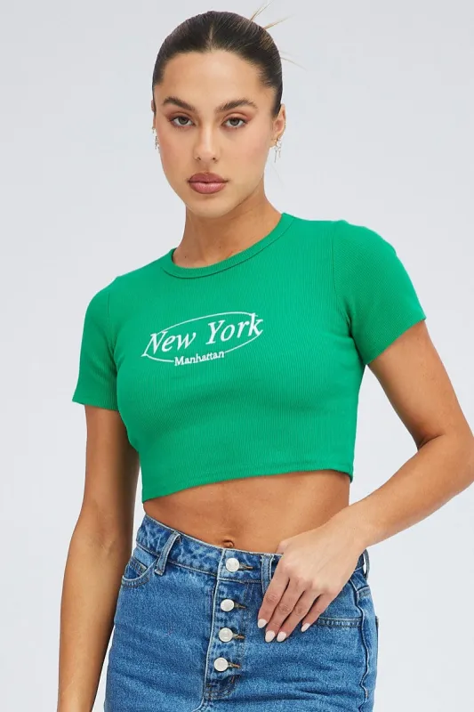 Green Tee Crop Short Sleeve New York Embroidery sold by Ally Fashion