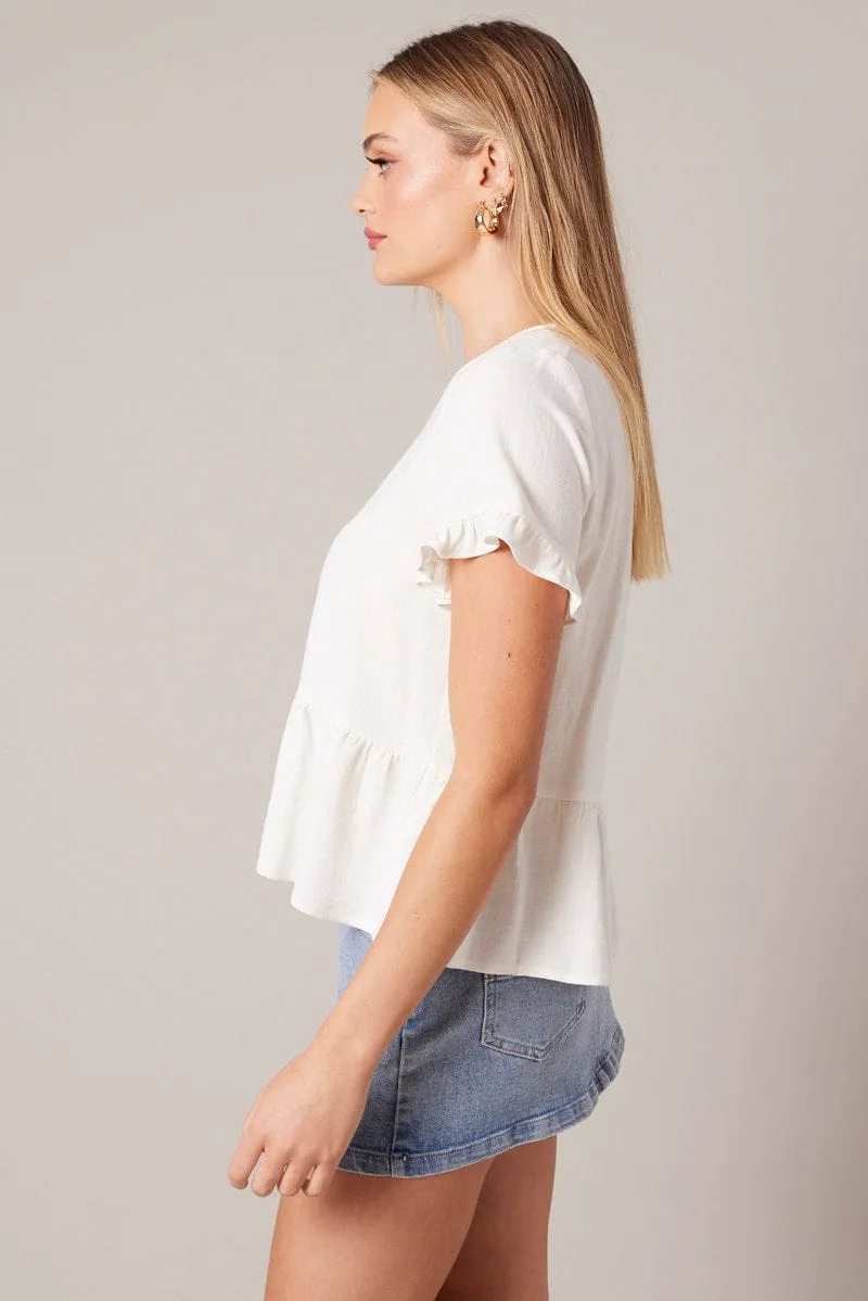 White Button Up Top V-Neck Frill Hem Top Linen sold by Ally Fashion product image thumbnail 4