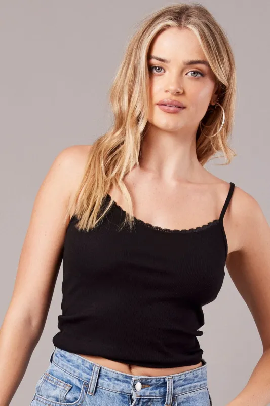 Black Singlet Top Sleeveless Scoop Neck Lace Trim sold by Ally Fashion
