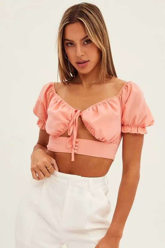 Orange Designer Puff Shoulder Tie Front Gathered Top sold by Ally Fashion
