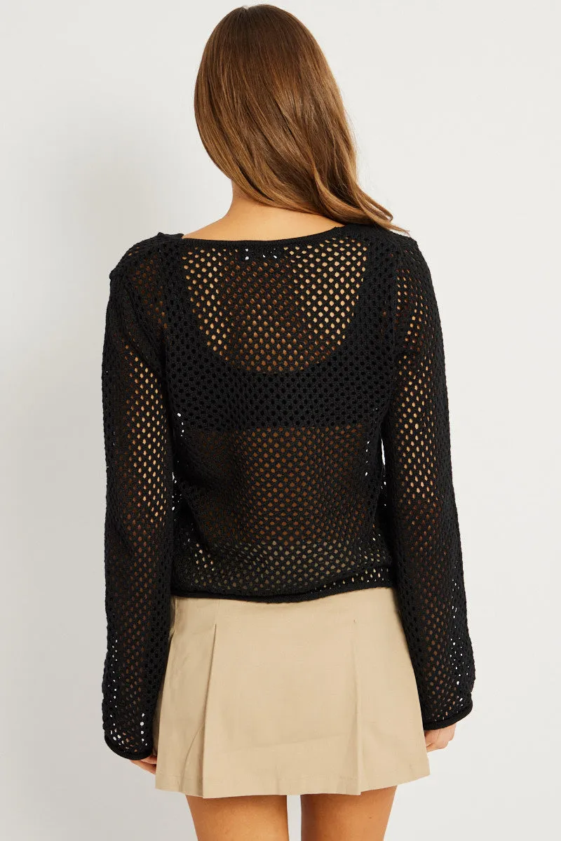 Black Crochet Cardigan Long Sleeve V Neck Tie Up sold by Ally Fashion product image thumbnail 5