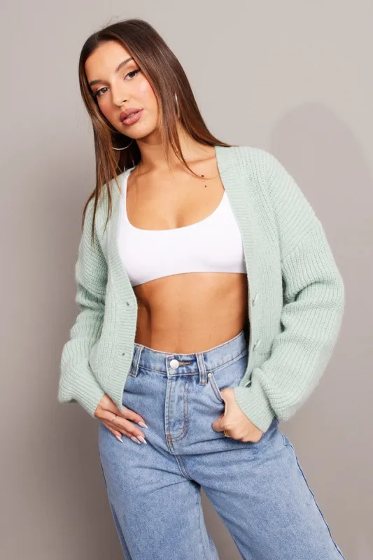 Green Knit Cardigan Long Sleeve V Neck Button Up sold by Ally Fashion