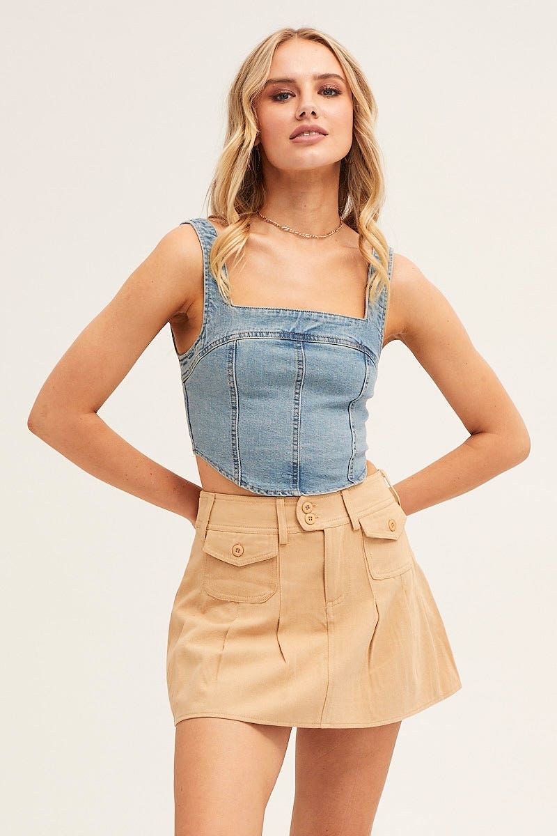 Blue Corset Top Sleeveless Crop Stretch Denim sold by Ally Fashion